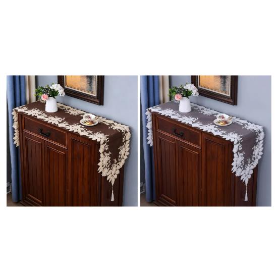 Lace Table Runner with Tassels, Anti-Wrinkle Vintage Table Runner, Decorative Runner with Beaded Flower & Leaf Embroidery for Dining Coffee Table