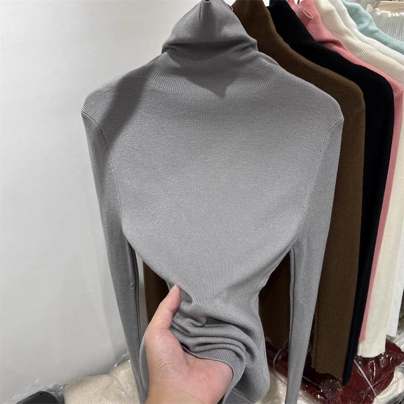 

Женский облегающий вязаный свитер с высоким воротником - Весна 2025 Многослойный топ с длинным рукавом и высоким воротом Large серый