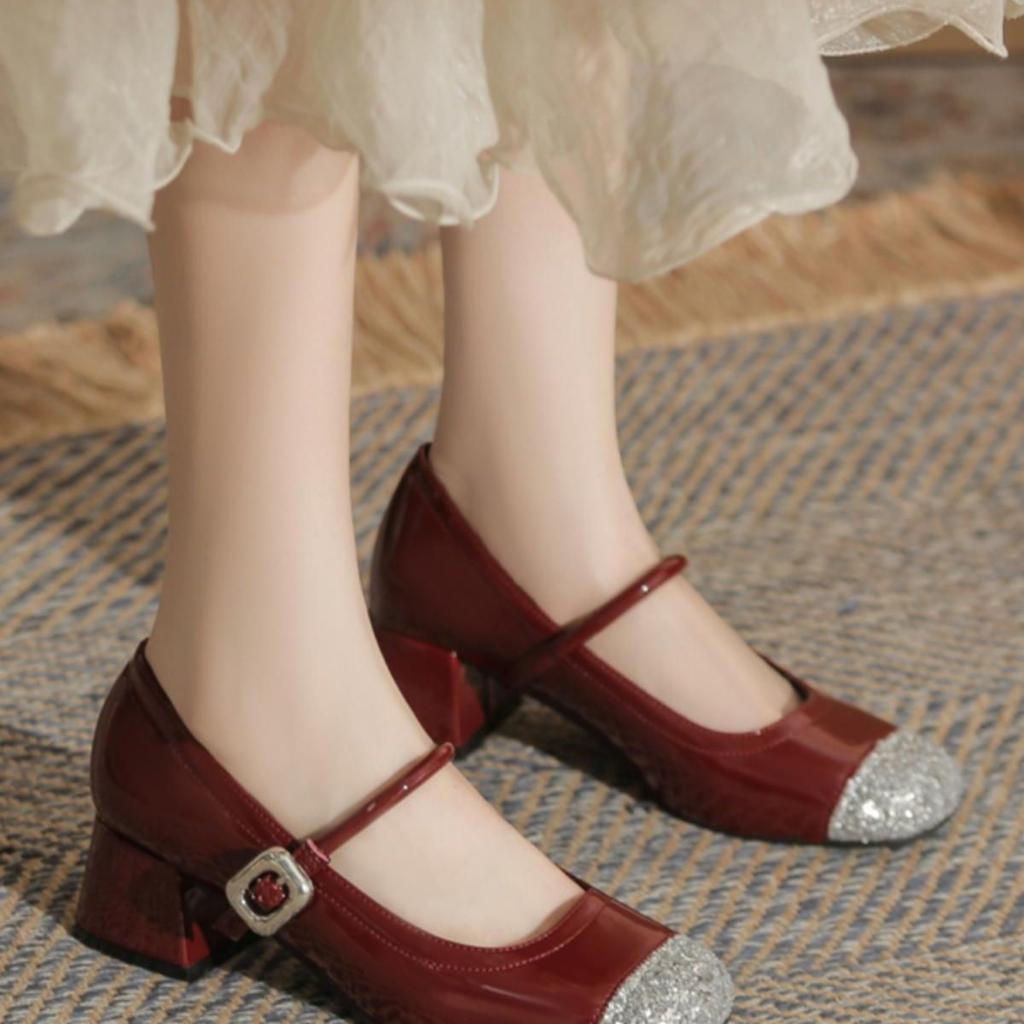 Mary Jane Small Leather Shoes Red Thick Heels Are Not Tired of High Heels Women's 2025 New Super Small Leather Shoes Foreign Style Versatile