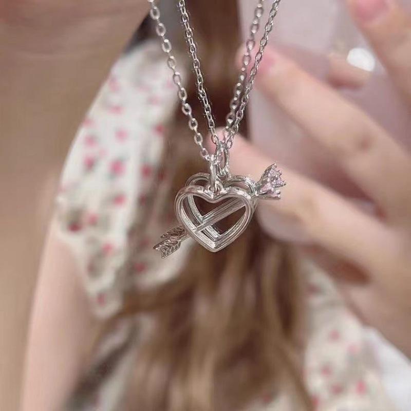 S925 Sterling Silver Cupid Love Necklace Women's Autumn and Winter New Niche Silver Jewelry One Arrow Through the Heart Pink Diamond