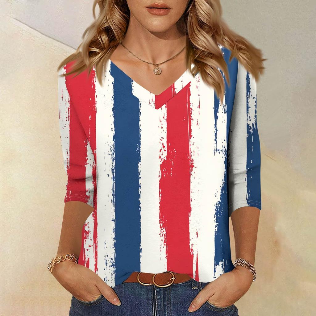 Women's Tops Three-quarter Sleeve Shirt V-neck Loose Casual Shirt Print T-shirt