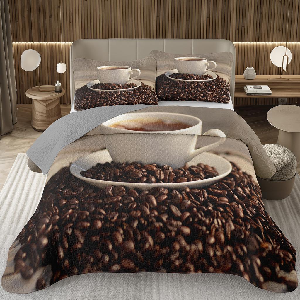 Single Twin Full Queen King Bedspread Set Coffee Bean Coverlet Set,Coffee Theme Bedding Set Coffee Lovers Gifts Room Decorations