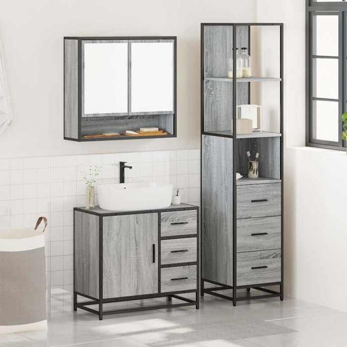 VidaXL Ensemble de meubles de salle de bain 3 pcs Sonoma gris, armoire de rangement, armoire de bain, meuble de toilette 3301168