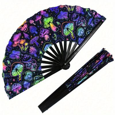 Glow Party Decorations Supplies.Mushrooms Folding Fan, Uv Glow Rave Fan Festival Fan, Silk Chinese & Japanese Palm Fan
