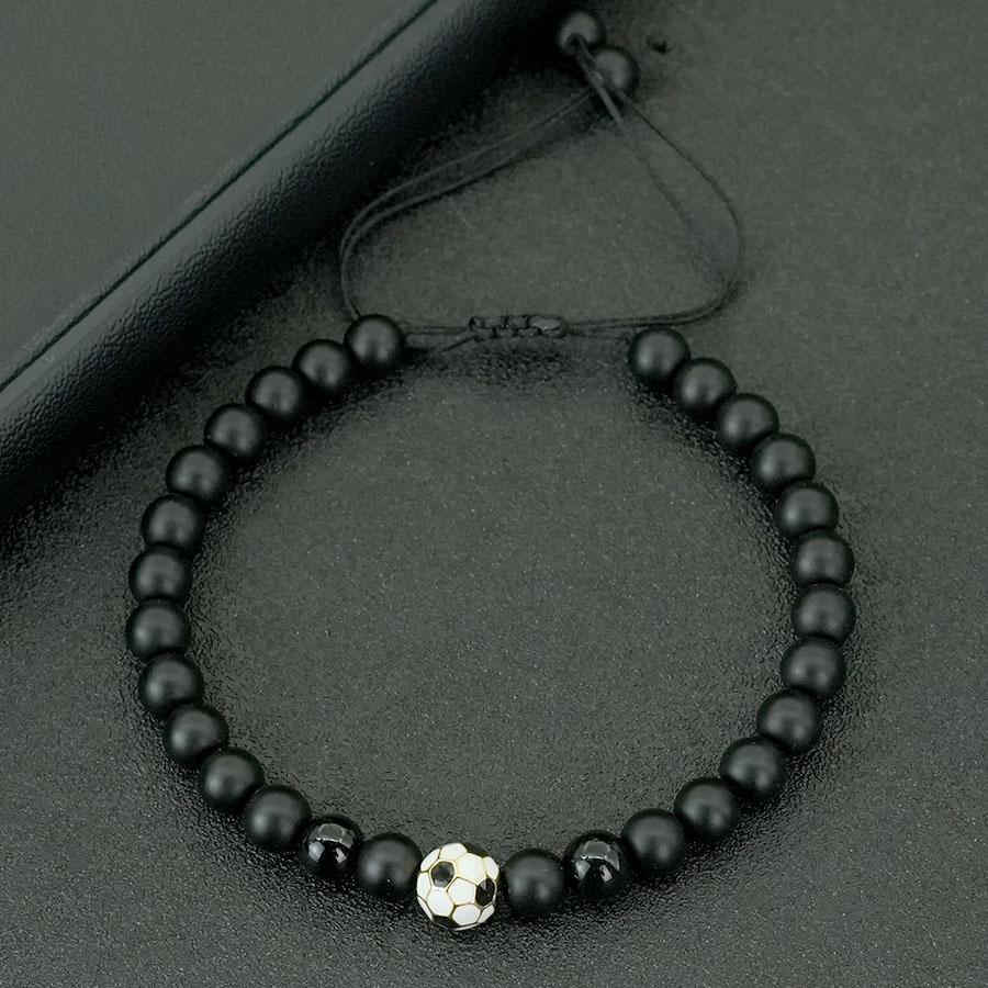 Handgeflochtenes Fußballarmband für Herren, verstellbar, schwarze 6mm Onyx-Steinperlen, Armband für Sportbegeisterte, Fußballarmband, Pulseria