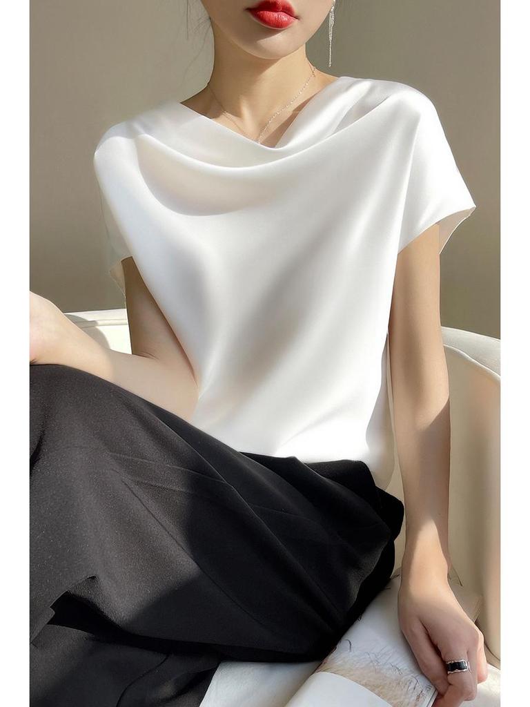 Women's High-End Short Sleeve Cowl Neck Satin Blouse