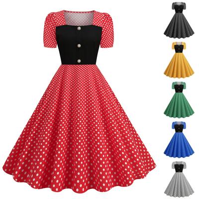 Damen-Kleid mit quadratischem Kragen, kurzen Ärmeln, großem Saum und Polka-Dot-Druck, Patchwork-Knopfdekoration, Reißverschluss hinten