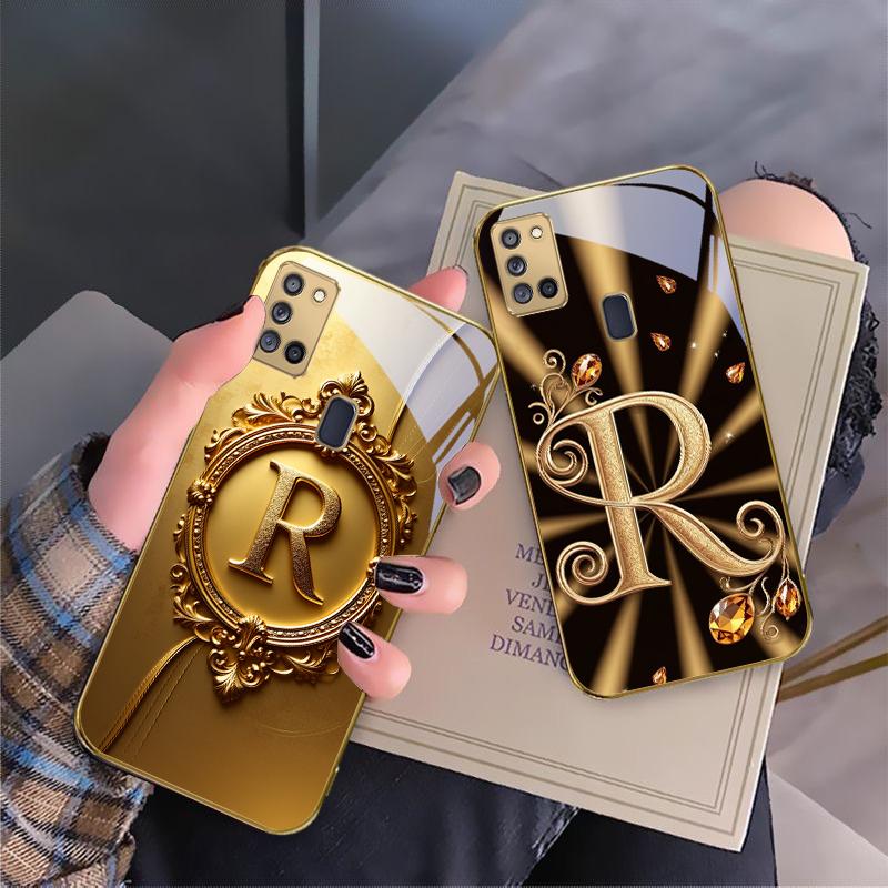 Gorgeous letter gold "R" For Samsung A 31 32 A33 A34 35 14 A15 13 16 25 26 50 52 53 54 55 56 70 71 72 73 Golden glass phone case