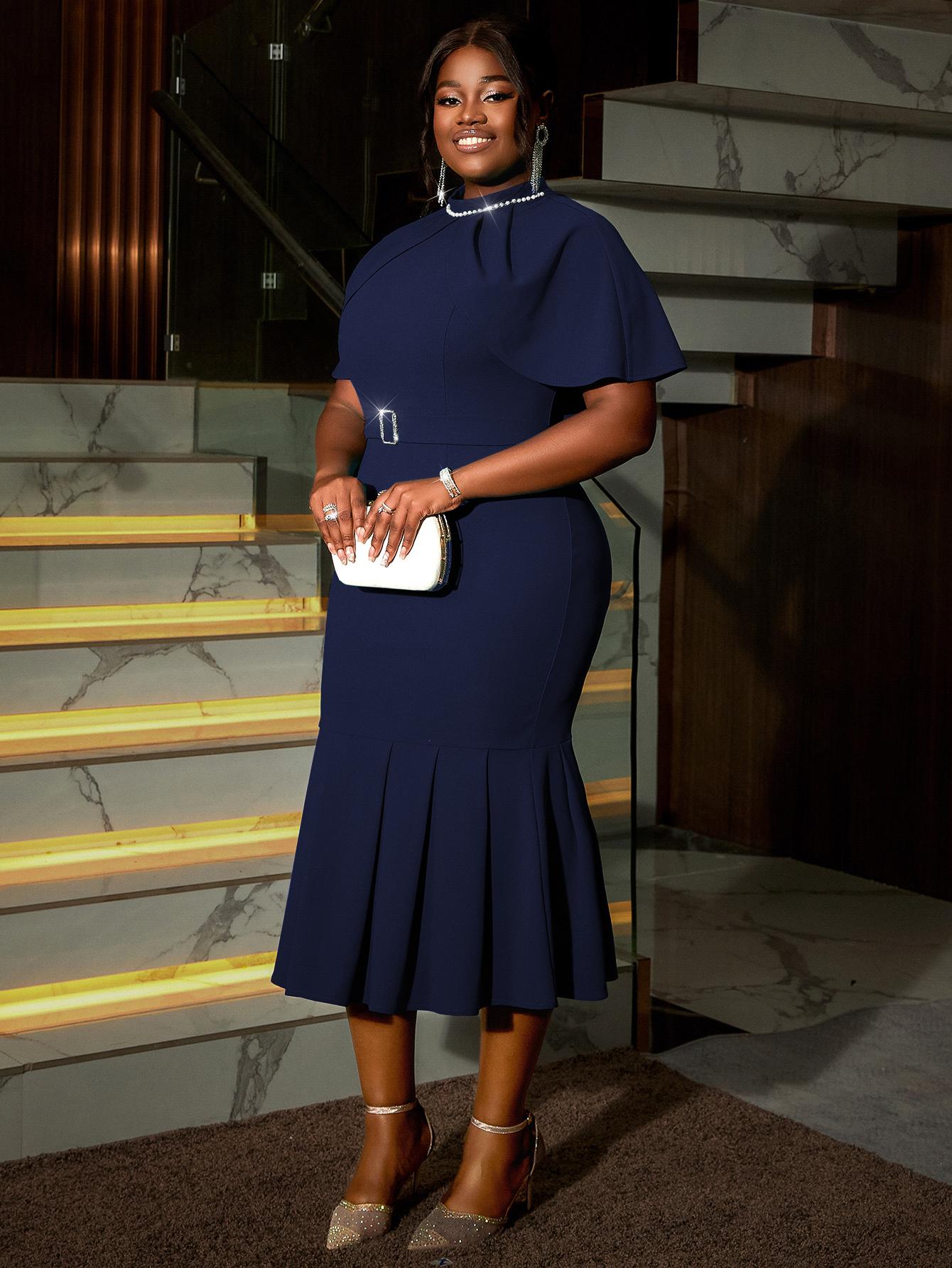 

AOMEI Элегантные женские платья миди с круглым вырезом, бисерным рукавом-накидкой, облегающее платье-рыбий хвост для женщин 4XL темно-синий