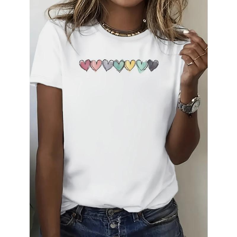 European Size Women's Casual Short Sleeve T-Shirt with Colorful Heart Graphic Print - Loose Fit Round Neck Breathable Top for Summer Parties