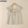 VONDA Women Square Collar Casual Pleated Short Sleeve Blouse Tops