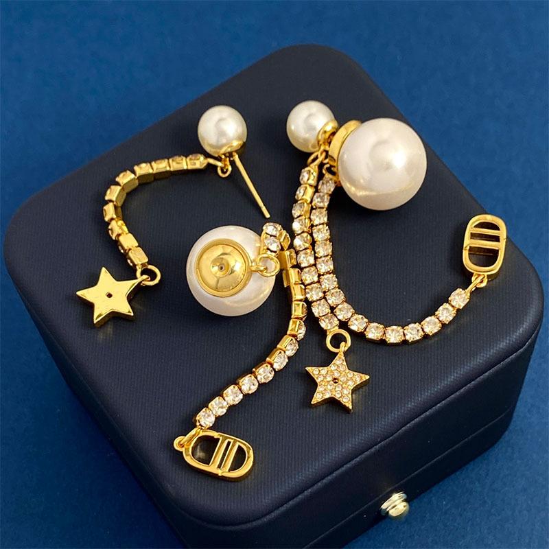 D Front And Rear Pearl Pearl Earrings Long Diamond Fringed Cd Letter Star Stud Earrings Brass Earrings