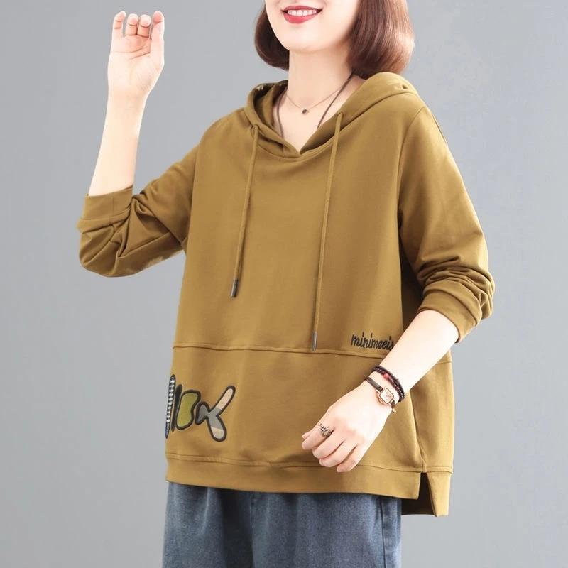

Sweatshirt for Women Cotton Oversize Hooded Embroidery Loose Half-high Neck Casual Pullover Long Sleeve Winter Sweatshirt Top XXXXL хакі