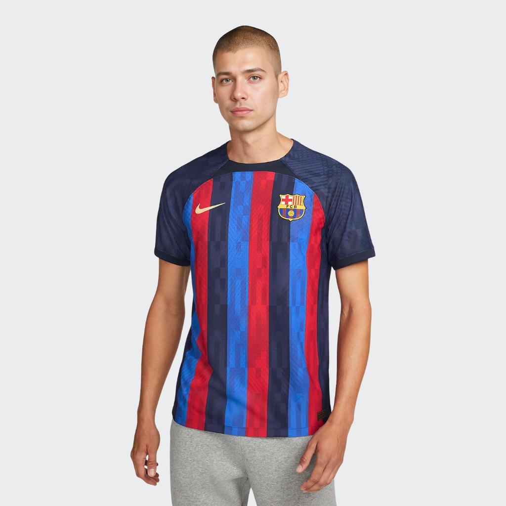 Nike Barcelona 22/23 Season Home Player Version Logo Print Stripe Patchwork Short Sleeve Soccer Jersey Men Tops Deep-Blue DJ7643-452