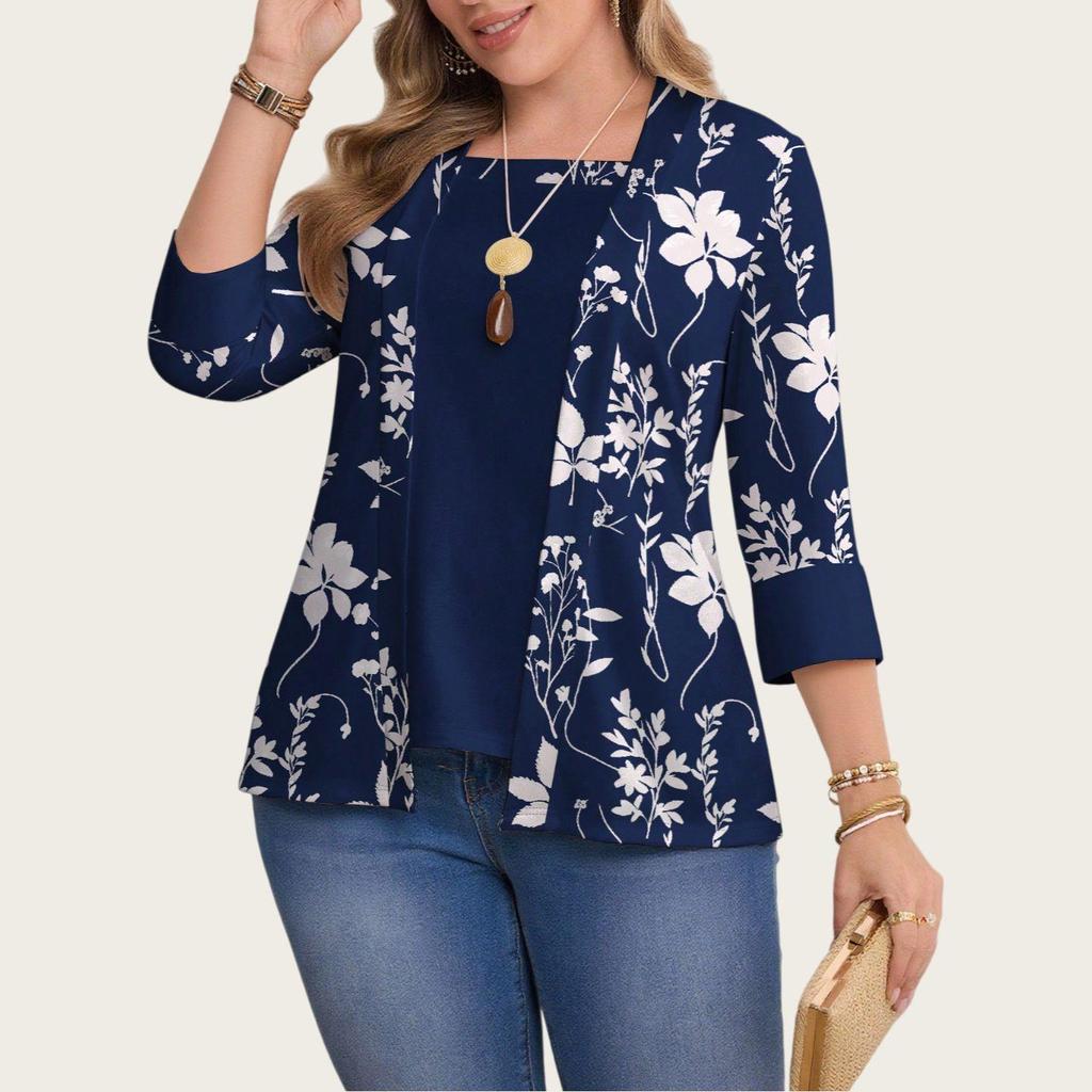 2025 Plus Size Floral Print Casual Two-Piece Seven-Sleeve Top for Women