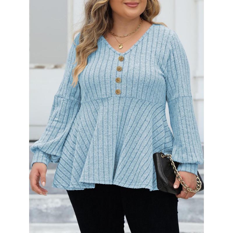 Women S Plus Size Fall Winter Knit Top Lantern Sleeve Button Decorated Pullover Sweater