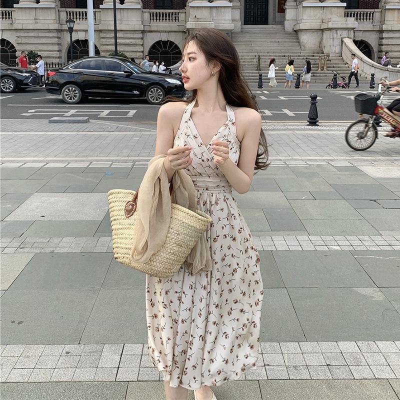 French Platycodon Floral Neck Dress Women's Summer Internet Celebrity New High-end Temperament Waist Sleeveless Long Dress