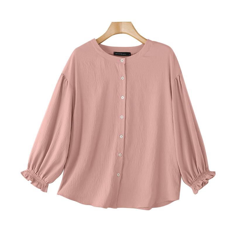 ZANZEA Womens Round Neck Long Sleeve Casual Blouse