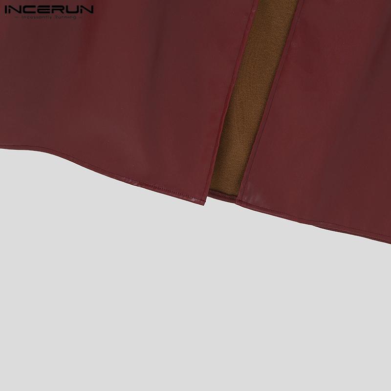 INCERUN Men Short Sleeve PU Open Front Faux Leather Long Cardigan Coats
