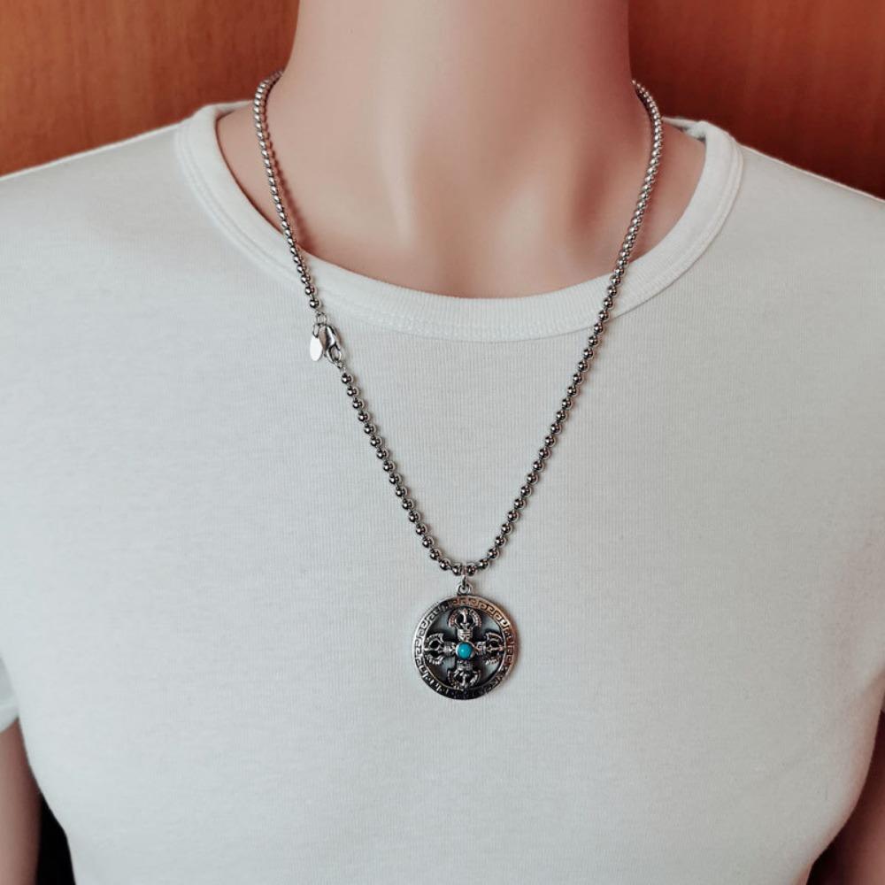 JMXD-Retro and Old Men's Necklace, Round Cross Vajra Pestle Pendant, Silver-plated No-gap Bead Design