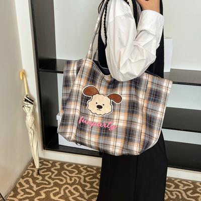 2025 Autumn and Winter New Canvas Bag Large Capacity Tote Bag Cartoon Plaid College Style Double-sided Shoulder Bag Commuter Bag