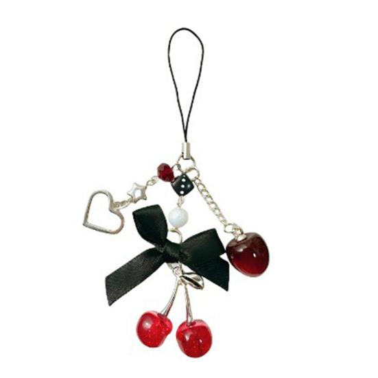 Nyckelring med körsbärspärlor för kvinnor flickor Söt röd körsbärsfruktväska Berlock med rosett Svart stjärna Nyckelring för plånbok Väska Ryggsäck Handväska Tillbehör