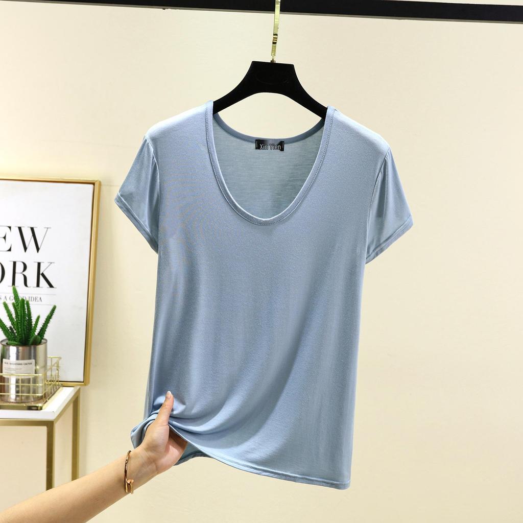 Women's Summer Modal Short Sleeve Oval Neck T-Shirt - Solid Color, Casual, Loose, Slimming, Versatile Top