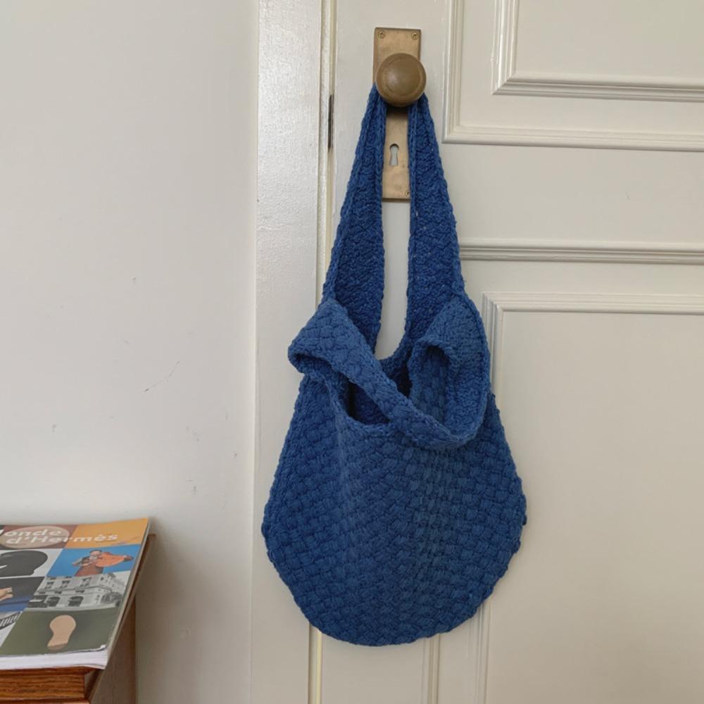 

Летняя хлопковая вязаная крючком сумка через плечо Модная пляжная сумка Повседневная вязаная сумка-тоут Сумка для покупок синий