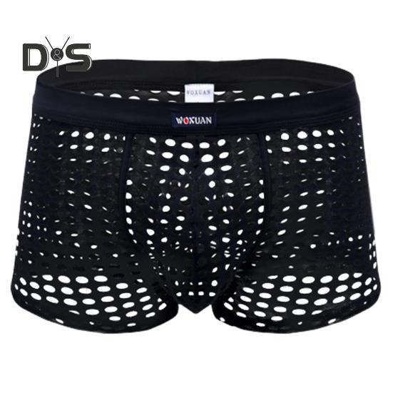 Men Sexy Hollow Out Shorts Briefs Low-rise Breathable Mesh Underwear Solid Color 3D U-convex Panties Underpants