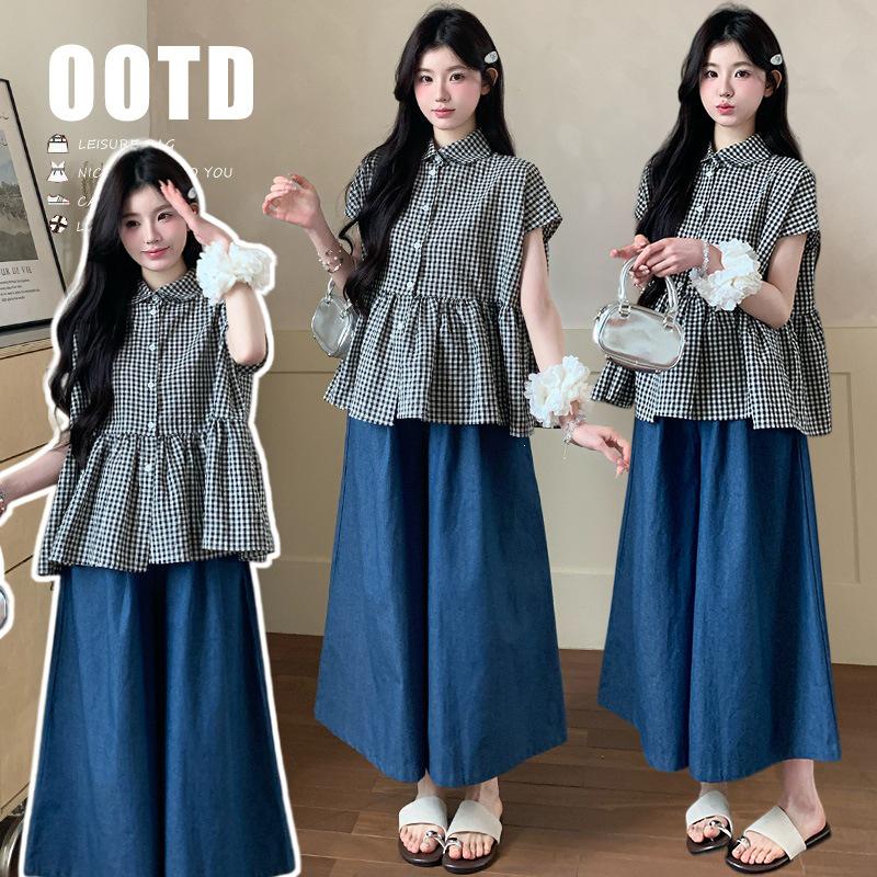 

2026 Summer Plus Size Plaid Shirt and Denim Wide-Leg Pants Set M