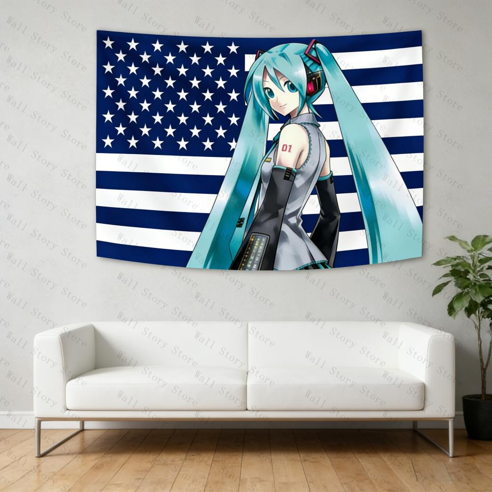 2026 Miku American Flag Tapestry Anime Background Dormitory Bedhead Tapestry Living Room Tapestry Sofa Background Tapestry