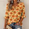 Women's Halloween Print Round Neck Tie Front Ruffle Three-Quarter Sleeve Blouse for Festive Party Wear