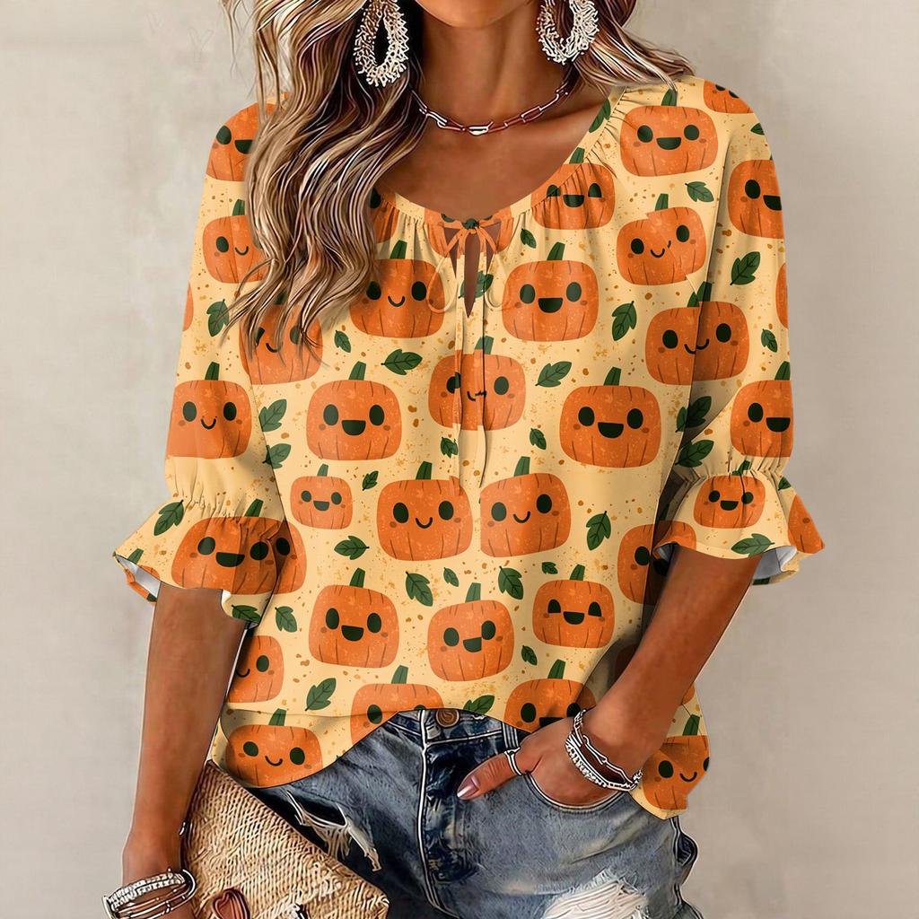 Women's Halloween Print Round Neck Tie Front Ruffle Three-Quarter Sleeve Blouse for Festive Party Wear