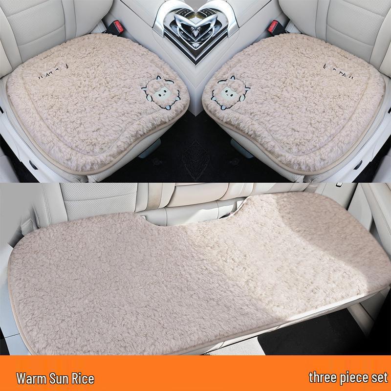 Universal Embroidered Lambswool Car Seat Cushion Set - Winter Warm 3-Piece Interior Decor.