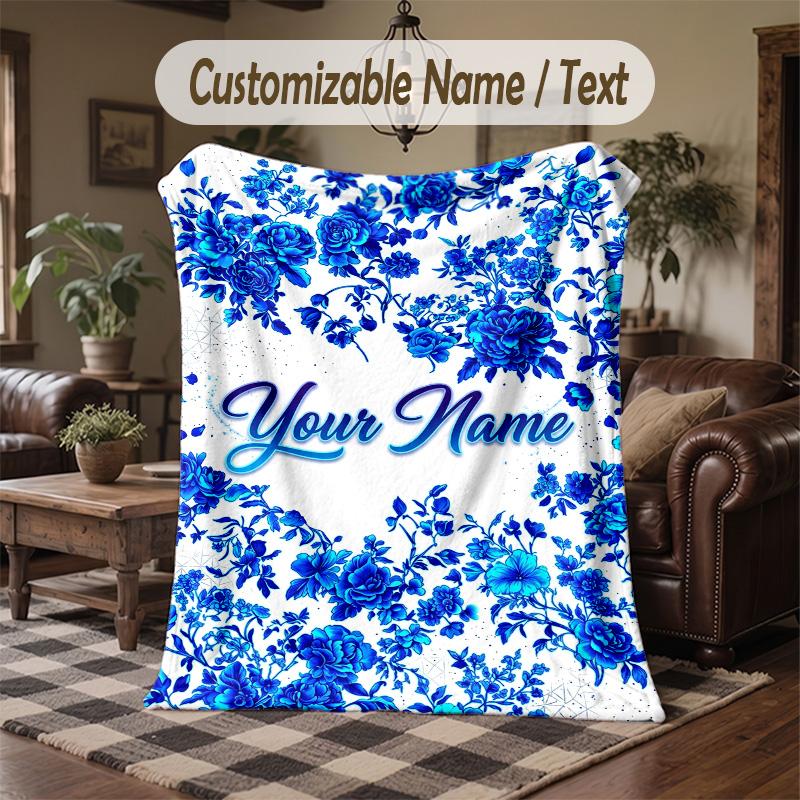 Blue Floral Elegance 1 Theme Throw Blanket Custom Name Text Personalized Blanket Soft Cozy Blanket for Home Sofa Bed