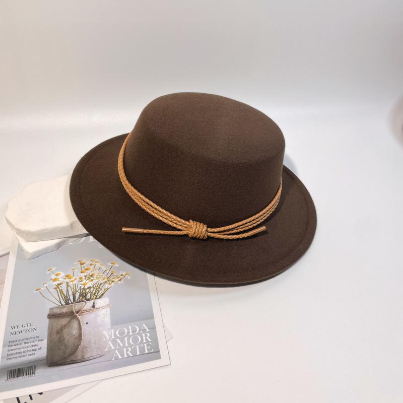 New Leather Rope Flat-top Woolen Top Hat Women's Autumn and Winter Temperament Elegant and Fashionable Versatile Flat-brimmed Felt Hat Men's Stage