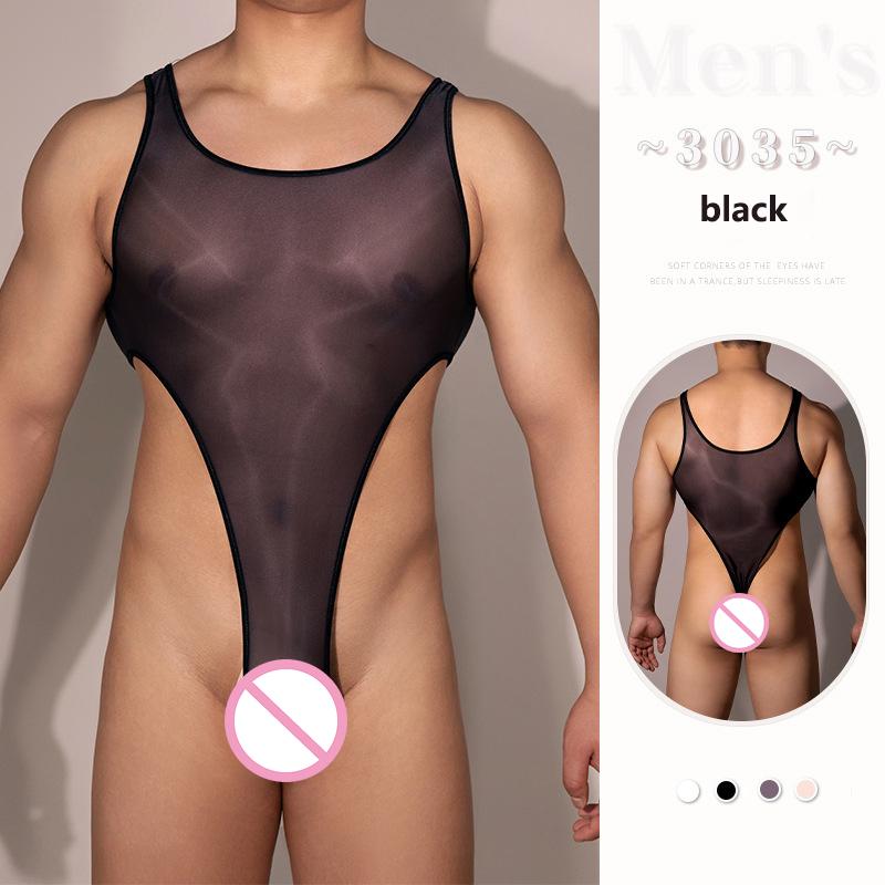 Erotic Men Bodysuit Elastic Oil Shiny Glossy Backless Leotard Sissy Sexy Jumpsuit With Straps Gay Man Transparent Rompers Bdsm