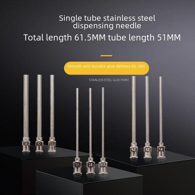 Dosiernadel aus Edelstahl mit flacher Spitze, Gesamtlänge 61,5 mm, Rohrlänge 50 mm.