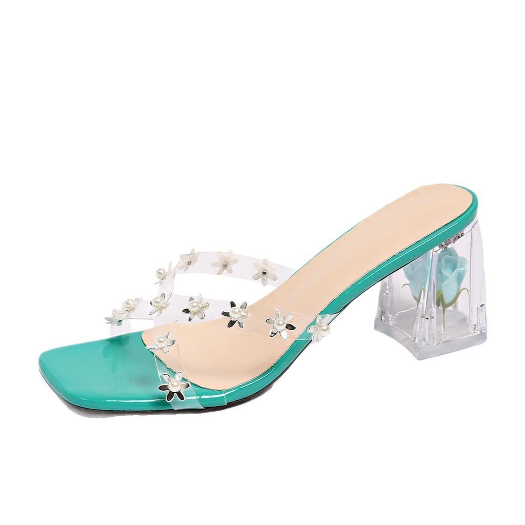 Fashion Elegant Pearl Transparent Heel Slippers Women Luxury Shiny Crystal High Heel Sandal Woman New Thick Sole Silver Slides Mujer