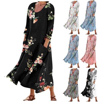 Women's Fashion Casual Print Round Neck 3/4 Sleeve Loose Pocket Dress