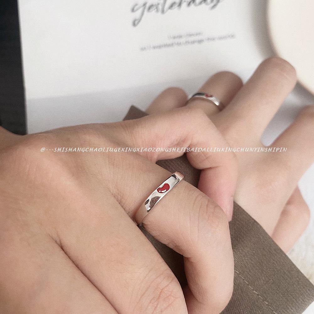S925 Sterlingové stříbro Akáciové fazole Nastavitelné prsteny pro páry pro muže a ženy - Nadčasový design červených fazolí