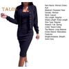 2 Pcs/Set Women Coat Dress Set Single-breasted Stand Collar Long Sleeves Jacket Skinny Slip Dress Autumn Midi Dress Jacket Set OL Commuting Office
