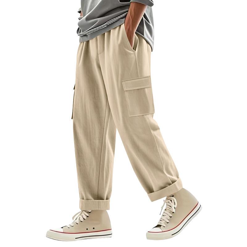 Men's linen trousers four seasons thin section breathable workwear multi-pocket loose casual trend wide-legged trousers