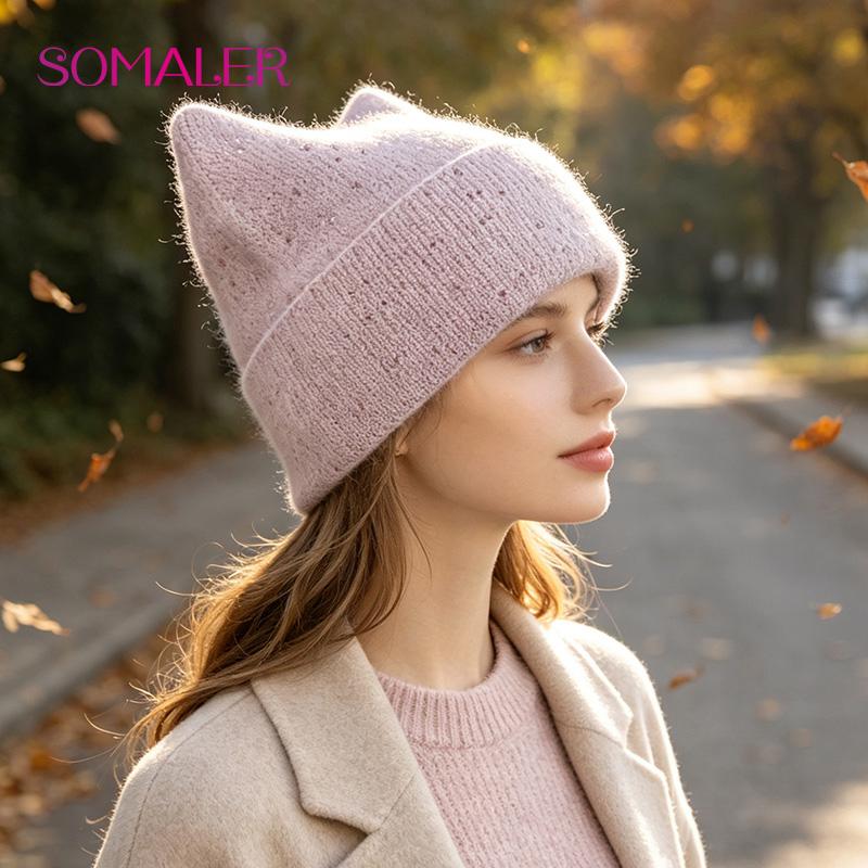 SOMALER Women's Autumn Winter Angora Knit Warm Hat with Brim and Sequin Decoration Cute Cat Design Beanie 54-58cm
