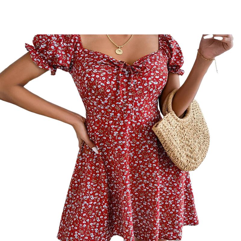 

Весенне-летнее мини-платье с квадратным воротником и цветочными оборками, женское повседневное платье трапециевидной формы с расклешенными рукавами и шнуровкой на шнуровке с принтом M красный