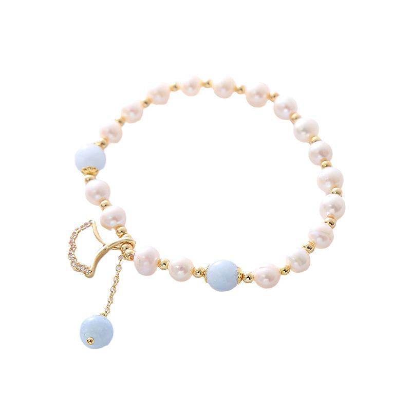 Women's Sea Blue Aquamarine & Pearl Bracelet with Ginkgo Leaf Pendant
