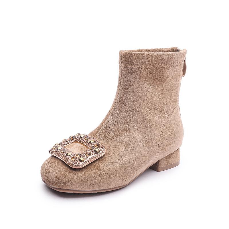 2025 new girls high heels shiny girls square head rhinestone buckle short boots autumn and winter warm temperament suede fashion boots