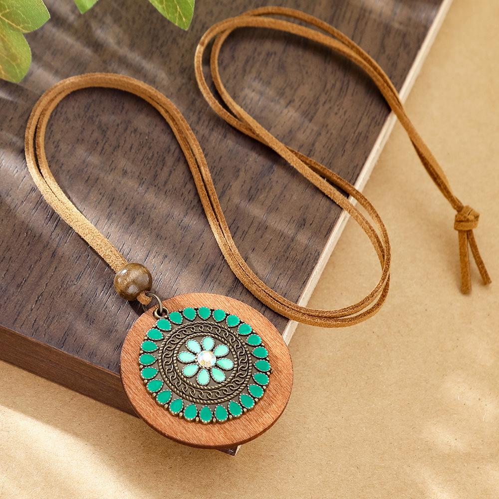 Bohemian Runder Holzscheiben-Anhänger Halsketten für Damen Ethnisch Bunt Öl-Tropfen Vintage Lederseil Halskette Damen Schmuck