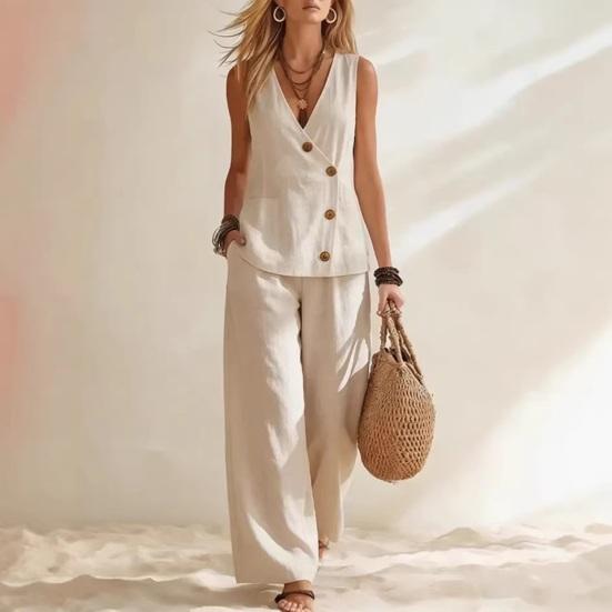 Women's Summer Sleeveless 2 Piece Outfits Button Down Tank Top And Wide Leg Pants Casual Loungewear Matching Sets