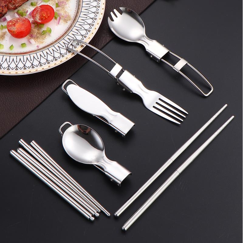 304 Stainless Steel Detachable Cutlery Set: Folding Knife, Fork, Spoon, and Chopsticks for Outdoor Camping and Travel
